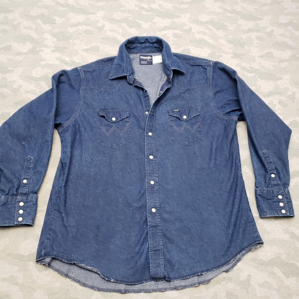 Vintage Wrangler Shirt Mens 17.5-35‎ Blue Denim Pearl Snap Long Sleeve Cowboy